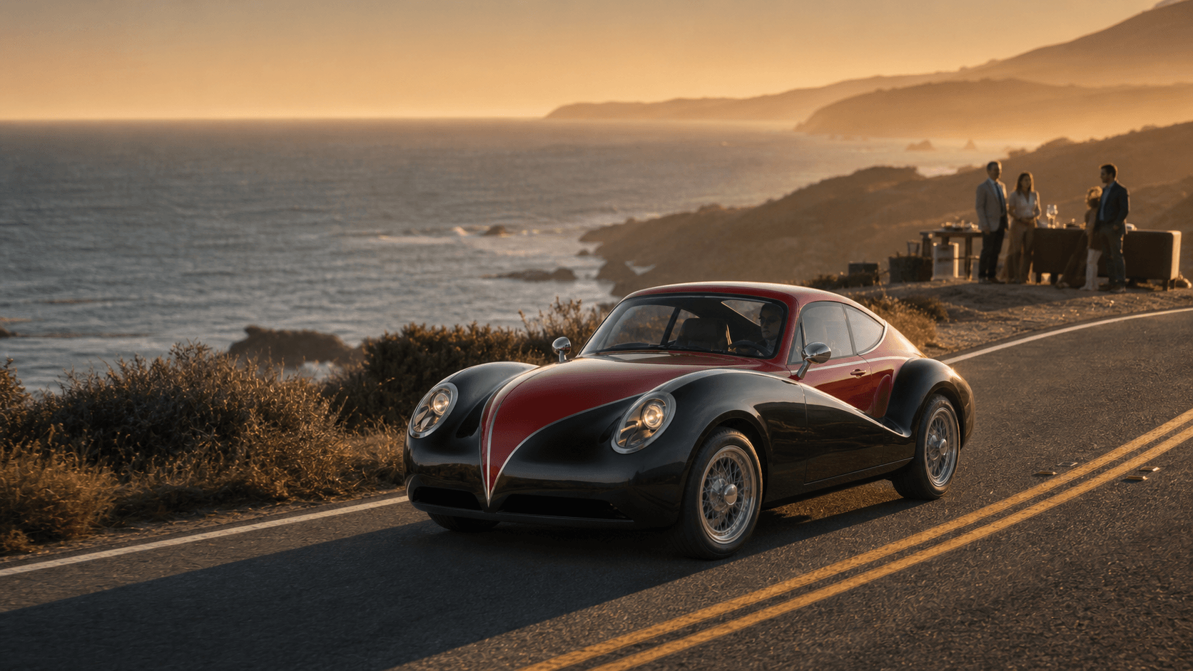 Olympian Model O1 driving along a Pacific coastal road at sunset